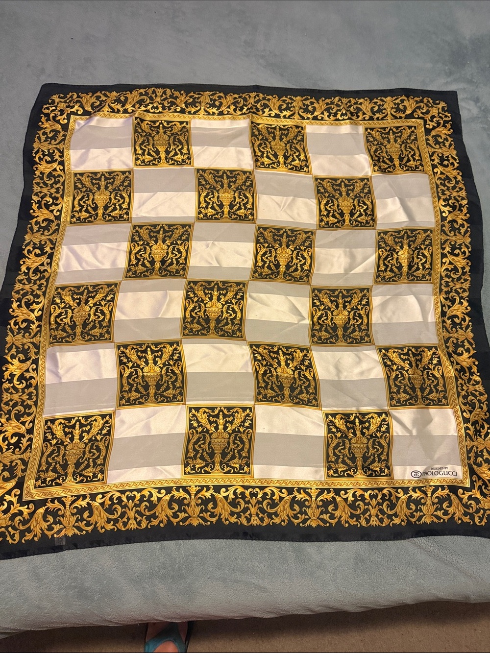 Vintage 80s Paolo Gucci Baroque Checkered Print Silk Scarf Women's